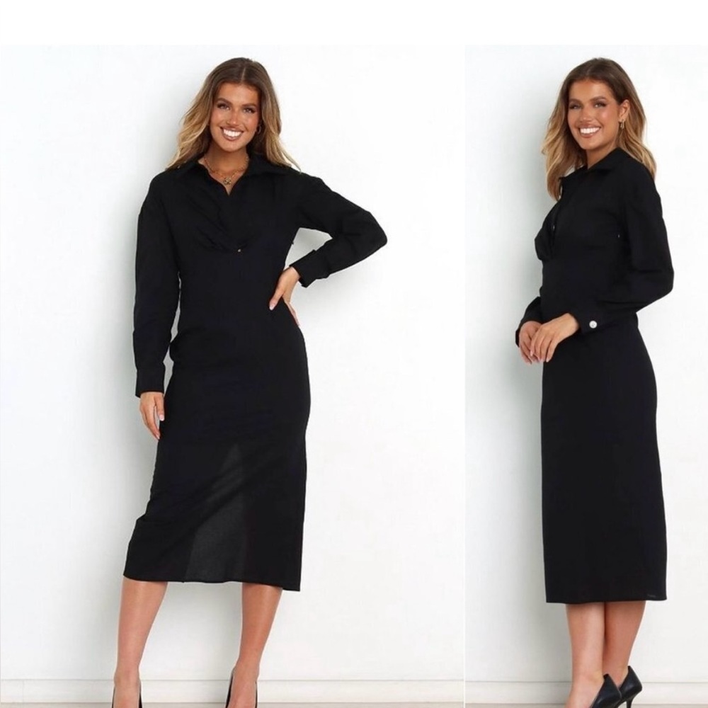 Petal & Pup NEW Monrow Black Preppy Long Sleeve Linen Midi Shirt Dress Size 4